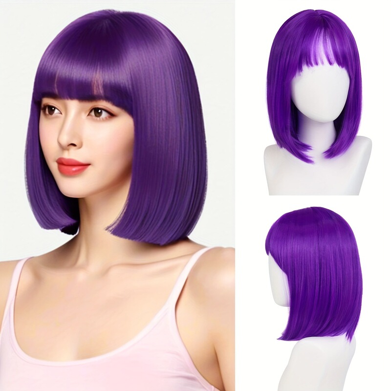 Halloween Cosplay Costume Wig High-Temperature Silk Bangs Solid Color Bob Full Headpiece with Glasses and Hairnet