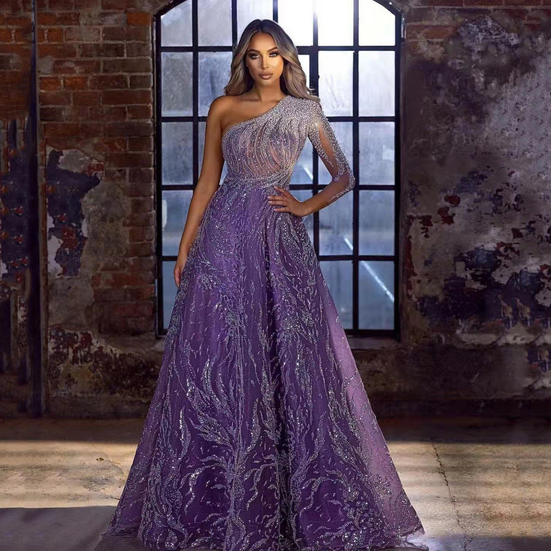 2025 Cross-Border New Spring and Summer European and American Evening Dress Sequined Open Sleeves Slit Dress Slim Dress Long Skirt