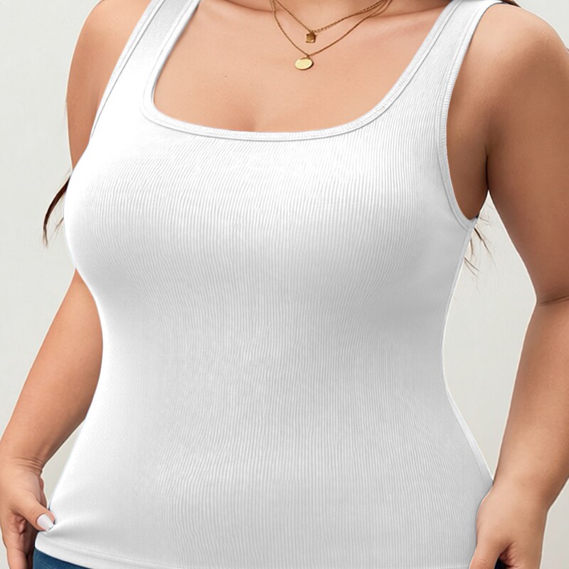 Plus-Size Square-Neck Ribbed Tank Top, High Elasticity, Breathable, Slim-Fit, Sleeveless Top, Versatile for Daily Wear and Layering