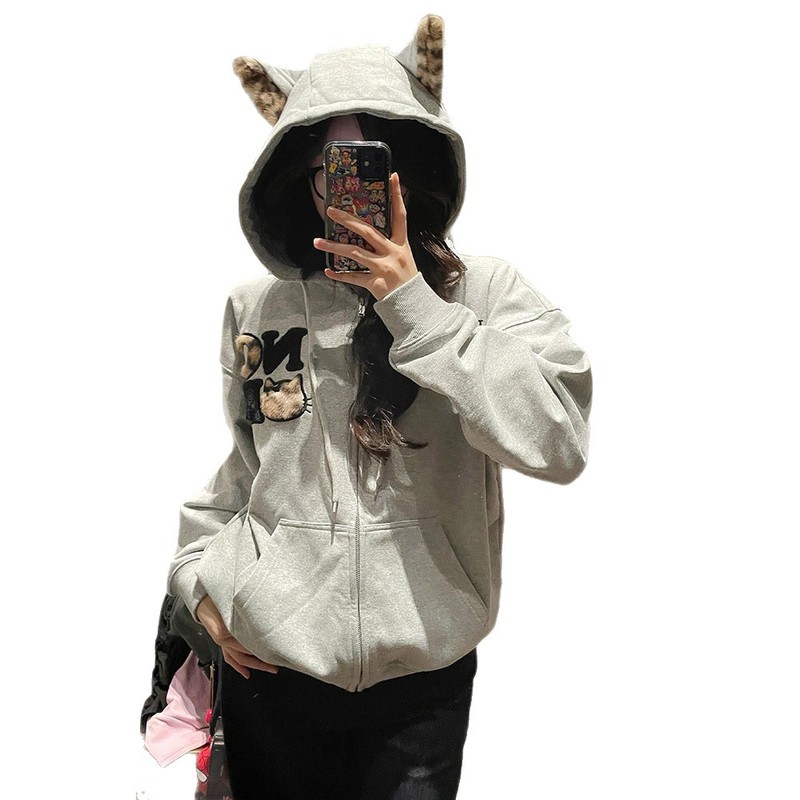 美式复古豹纹毛耳朵刺绣连帽卫衣女秋冬季新款设计感小众开衫外套|undefined