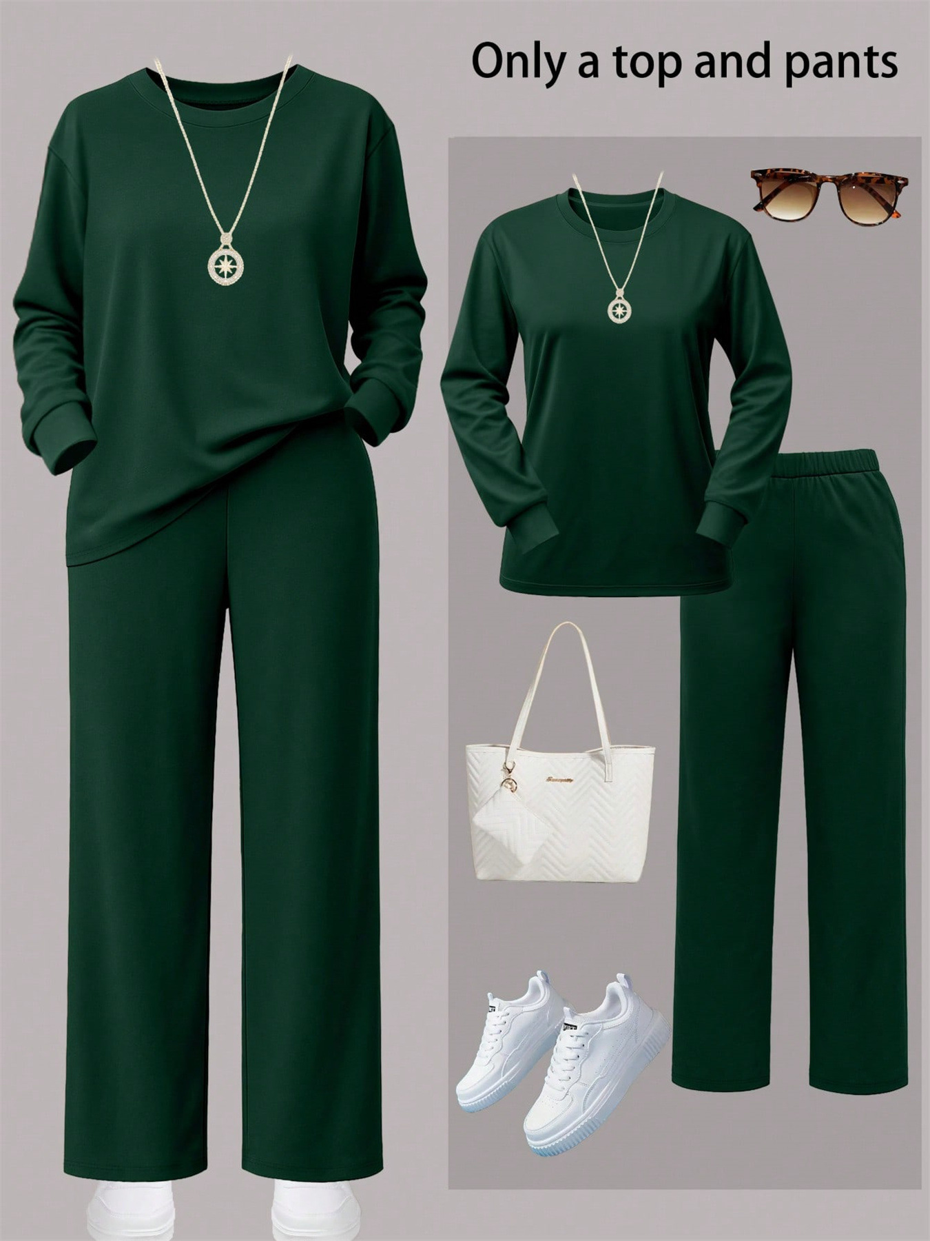 Women's Autumn/Winter Two Piece Set Style Solid Color Round Neck Long Sleeve Top With Wide Leg Straight Leg Pants_ecoleips.com