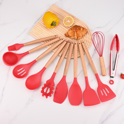 Cross-border wooden handle silicone kitchenware set kitchen non-stick spatula soup spoon colander storage bucket twelve-piece set