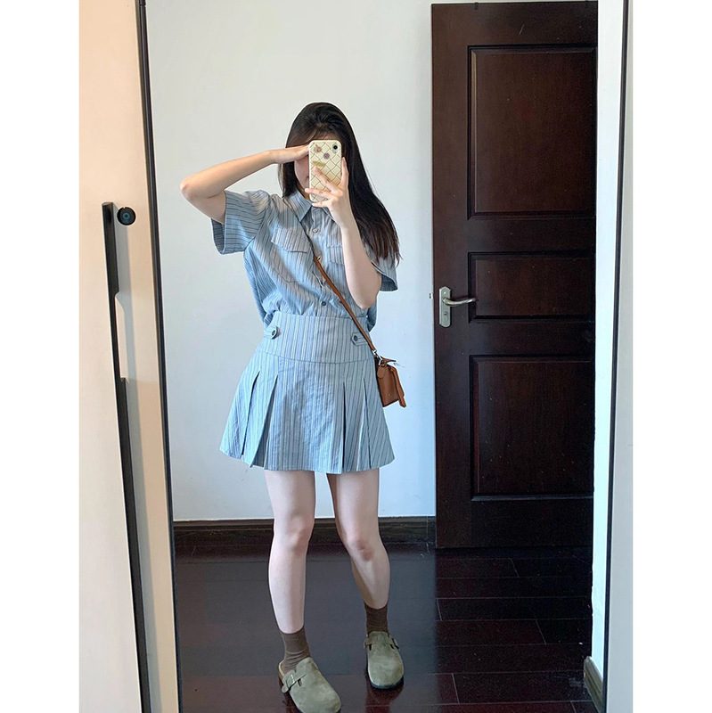 Yc Studio New York Preppy Design Sweet Girl Striped Shirt Skirt Suit Women's Summer New Style