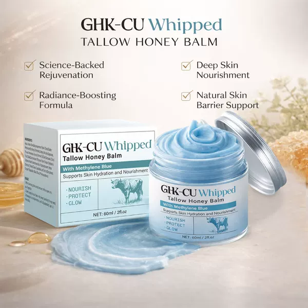 Suitable for sensitive skin, this blue copper peptide, beef tallow, and honey moisturizing cream is specially formulated for export and promotes collagen production, soothes the skin, and brightens the complexion