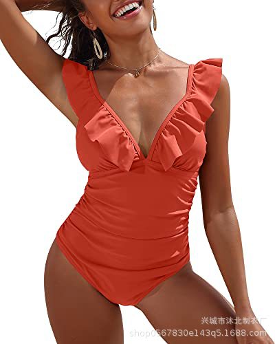 2024 Amazon nuevo traje de baño de una pieza plisado para mujer traje de baño plisado con cuello en V image 18