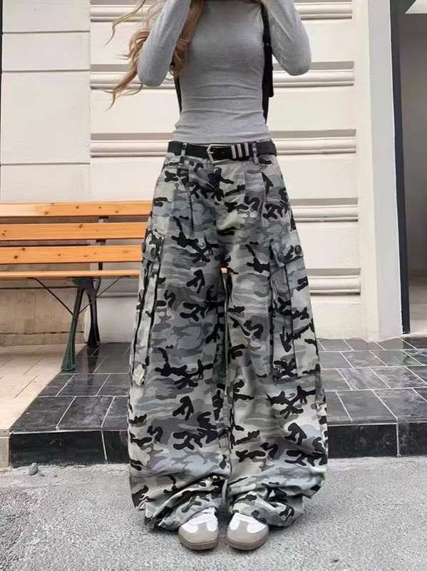 梵思羽美式复古迷彩工装牛仔裤女潮牌宽松百搭拼接阔腿拖地长裤子|undefined