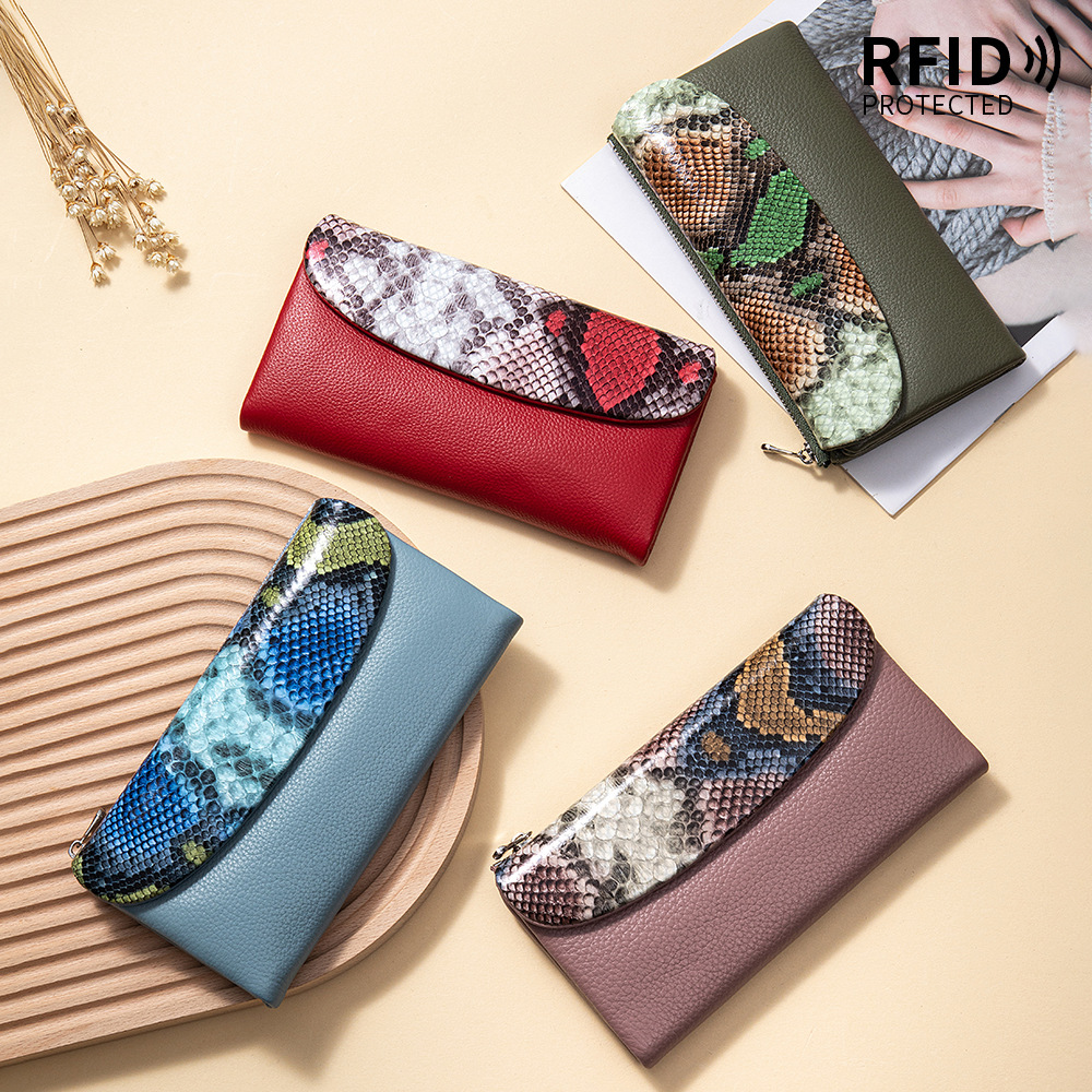 New Genuine Leather Women's Wallet Luxury Large Capacity Tri-fold RFID Soft Leather Snake-print Clutch - Thumbnail 2