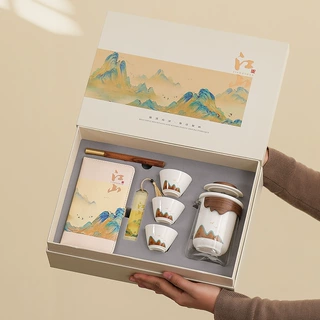 千里江山旅行茶具套装便携式车载陶瓷快客杯礼盒公司商务活动礼品
