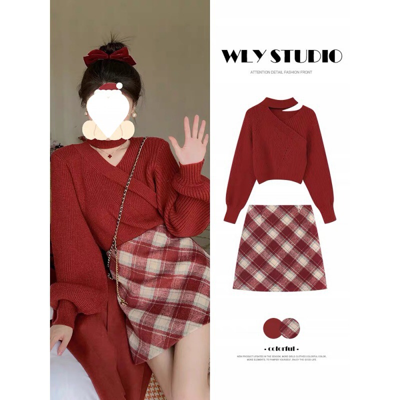 Winter clothes with a set of tea-in-tea style 2024 new red new year's popular two-piece skirt Winter clothes with a set of tea-in-tea style 2024 new red new year's popular two-piece skirt