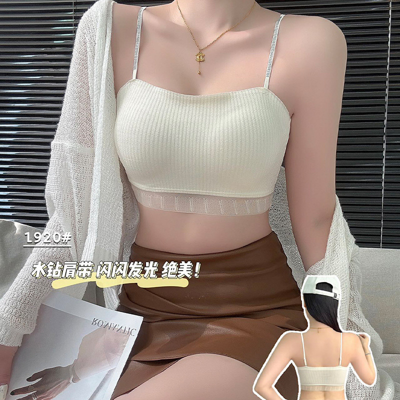 New Summer Gauze Edge Rhinestone Shoulder Strap Fixed Water Drop Cup Wrap Chest One-Line Beautiful Back Tube Top Anti-Exposure Underwear
