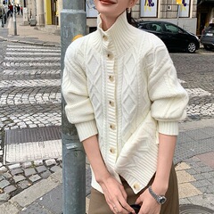 高领麻花毛衣开衫女2025秋冬新款宽松慵懒高级感复古针织外套上衣