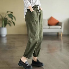 秋の新型綿質の長い足のカジュアルなズボンの女性のひもは腰の大きいサイズの純色のハーレムのズボンの7618を締めます。