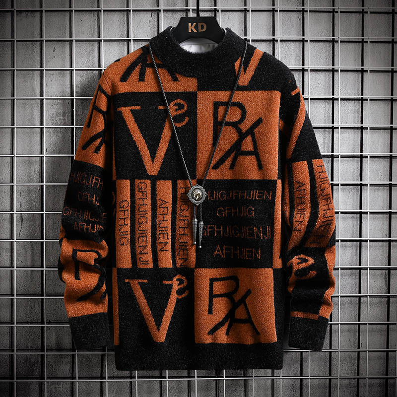 撞色条纹毛衣男秋冬款潮牌圆领长袖打底衫青少年线衣保暖针织衫男