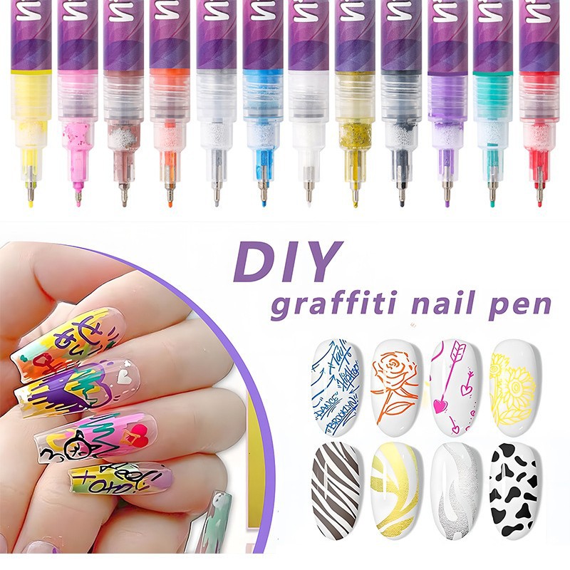 Cross-Border Popular European and American Fluorescent Nail Pens, Nail Art Pens, Graffiti Pens, Hand Nail Art Acrylic Pens, 12 24 Colors