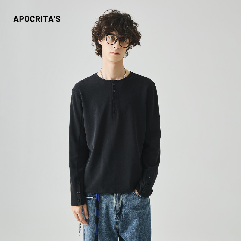 APO男装 |跨境男士长袖T恤秋季轻奢纯色修身亨利领内搭上衣打底衫|undefined