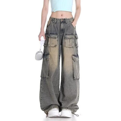 Pocket Design American Retro Work Pants for Women 2025 Wide Leg Denim Loose Trendy Brand Vibe Pants