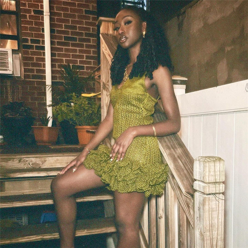 2024 Abito da donna nuovo sexy con bordo auricolare in legno cavo, lavorato a maglia, con fascia avvolgente_voghion.com