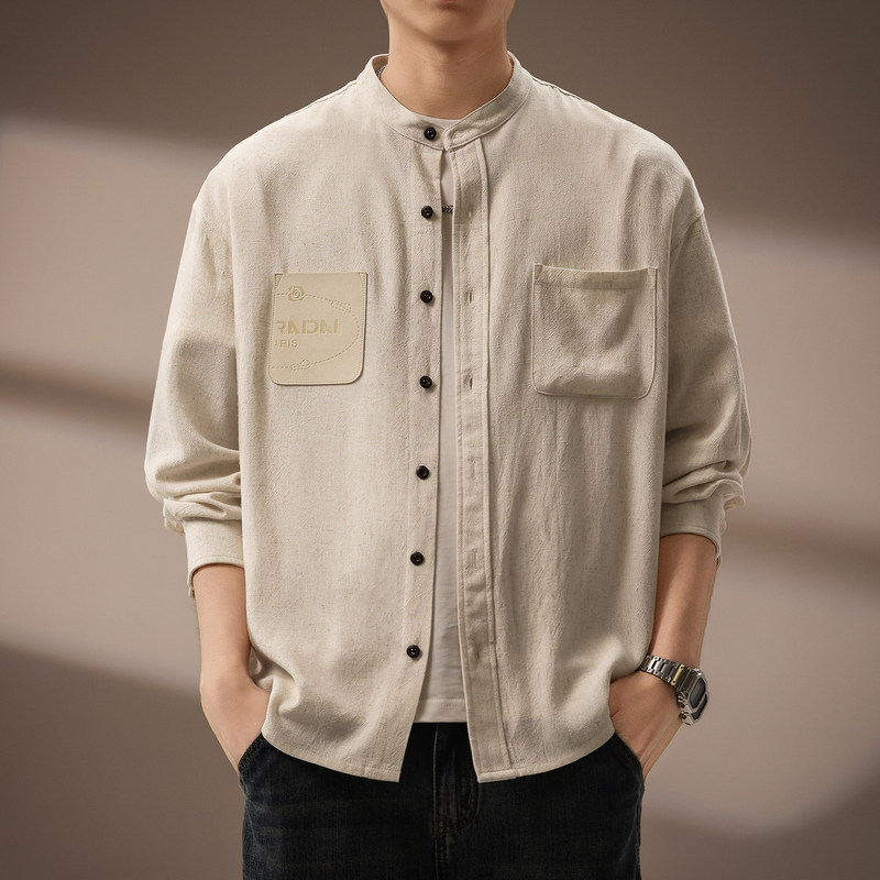 High-End New Chinese-Style Linen Cardigan Long-Sleeve Shirt for Men, Spring and Autumn New Smart Commuter Stand-Collar Retro Shirt Jacket