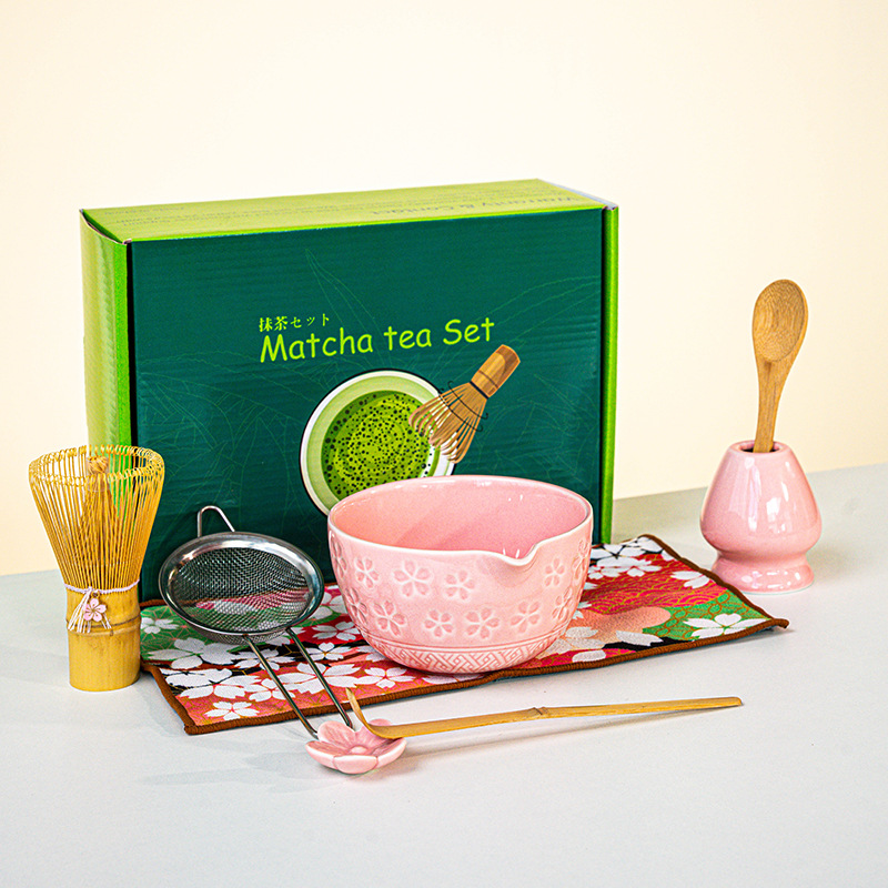 FJT 사쿠라 와이드 입 그릇 핑크 8개 세트(짙은 녹색 컬러 박스)