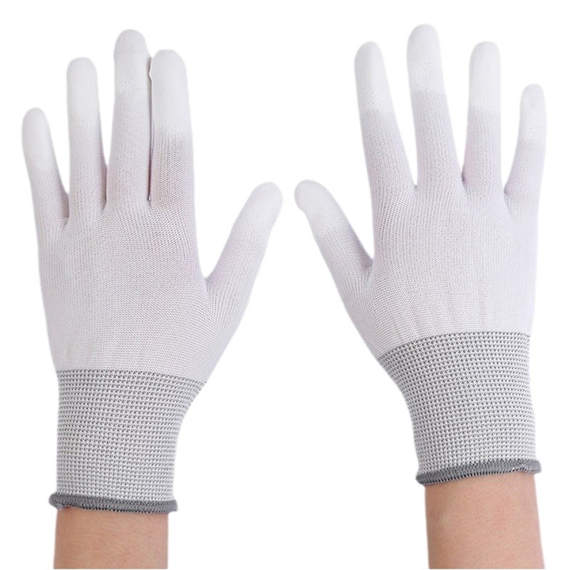 Guantes recubiertos de PU fábrica electrónica prácticos guantes de nylon antideslizantes guantes de protección laboral guantes de protección de polvo blanco