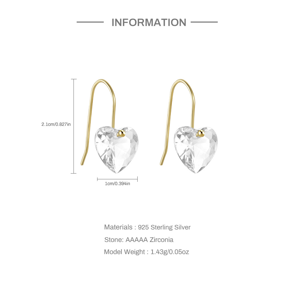 7g Weight 1 Pair 925 Sterling Silver Zircon Heart Shape Drop Earrings