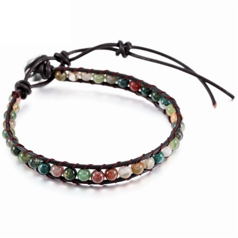 Double-line beaded Indian agate bracelet for women pink crystal amethyst obsidian leather rope natural stone Indian agate bracelet