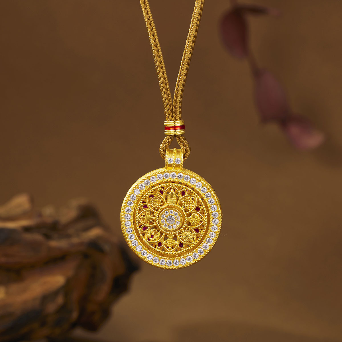 s925纯银玫瑰花窗罗盘项链女新中式一款双戴八宝罗盘编织绳毛衣链