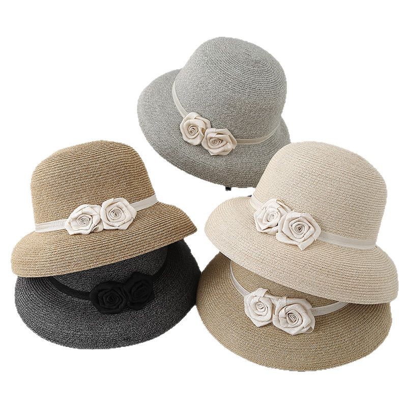Mũ rơm vành rộng phong cách Hepburn hai hoa thanh lịch cho nữ — Màu be