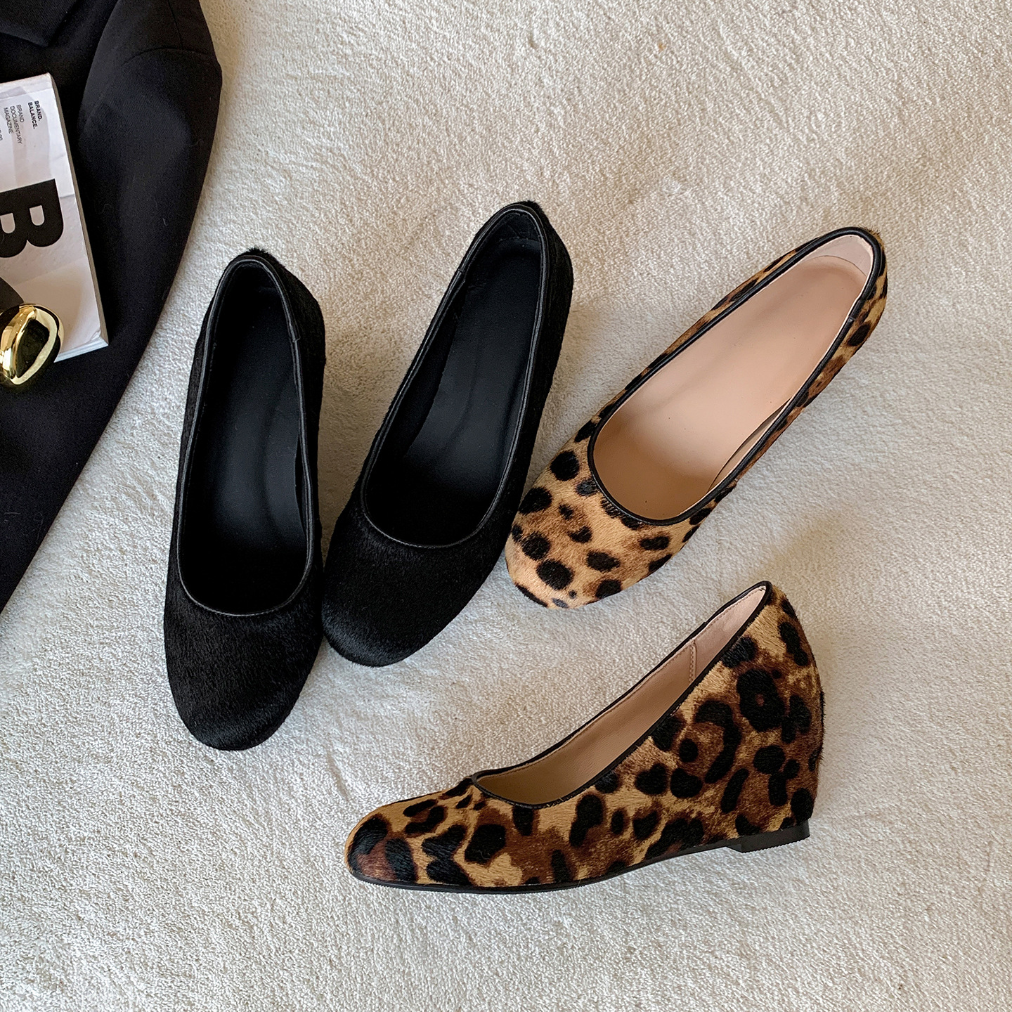 Giày cao gót nữ đế xuồng platform da bò họa tiết da báo, mũi tròn, dáng slip-on, gót ước lượng 6-8 cm — màu đen
