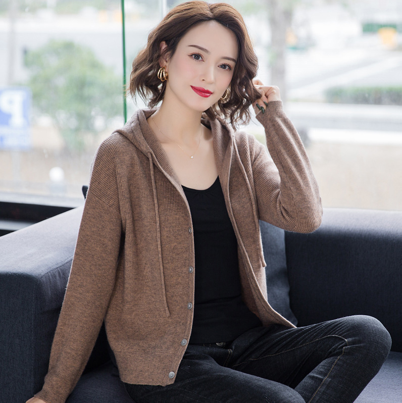 针织开衫女2025春秋新款韩版二八月外搭休闲宽松纯色连帽毛衣外套|undefined