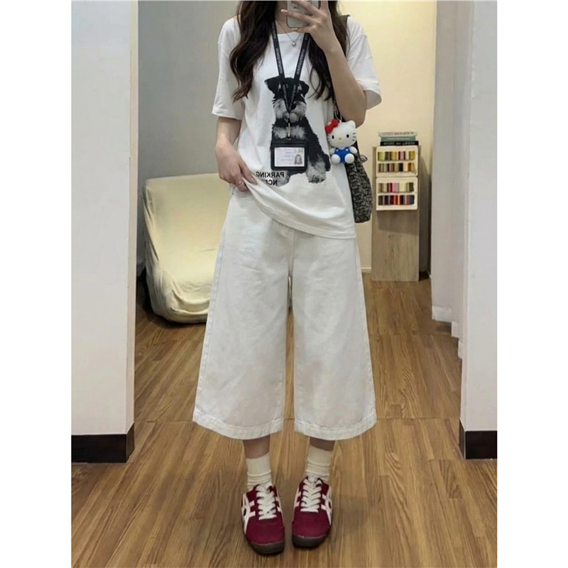 Plus-Size White Vintage Straight-Leg Wide-Leg Jeans for Women, Summer New Style, Cropped, Low-Waist, Casual Versatile Pocket Pants