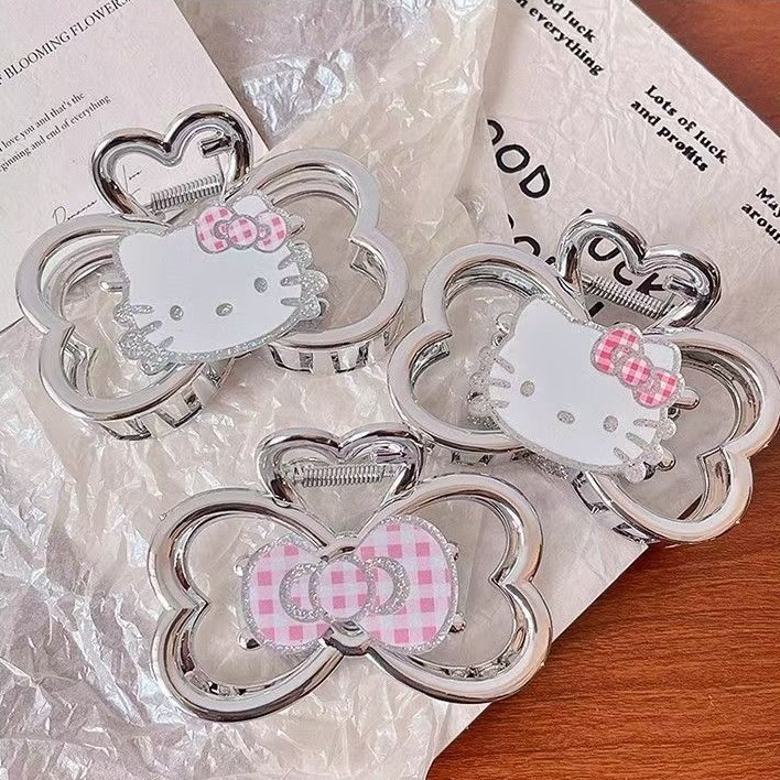 闪闪kitty猫咪双面抓夹甜美高级感银色蝴蝶结鲨鱼夹后脑勺盘发夹