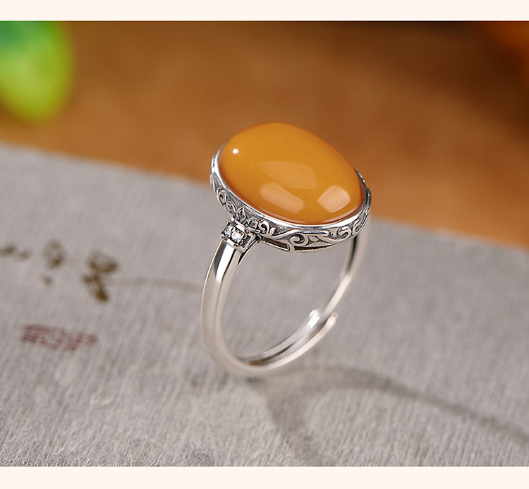 Nhẫn mặt trứng hoa văn sáp ong bạc nguyên chất S925 hình hươu — Mở (một kích thước) chi tiết 4