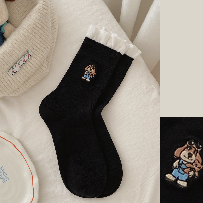 设计师款飞行小狗袜子女可爱卡通刺绣中筒袜无骨日系泡泡口棉袜女|undefined