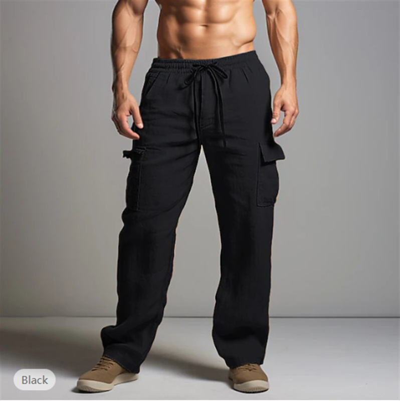 2024 New Cotton Linen Trousers Drawstring Elastic Waist Straight Leg Solid Color Breathable Daily Casual Mid-Length Pants