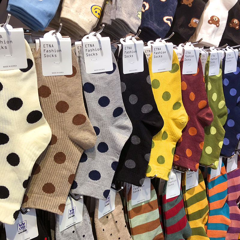 Etna Korean Autumn and Winter New Maillard Large Polka Dot Women's Socks British Style Retro Polka Dot Mid-Calf Cotton Socks