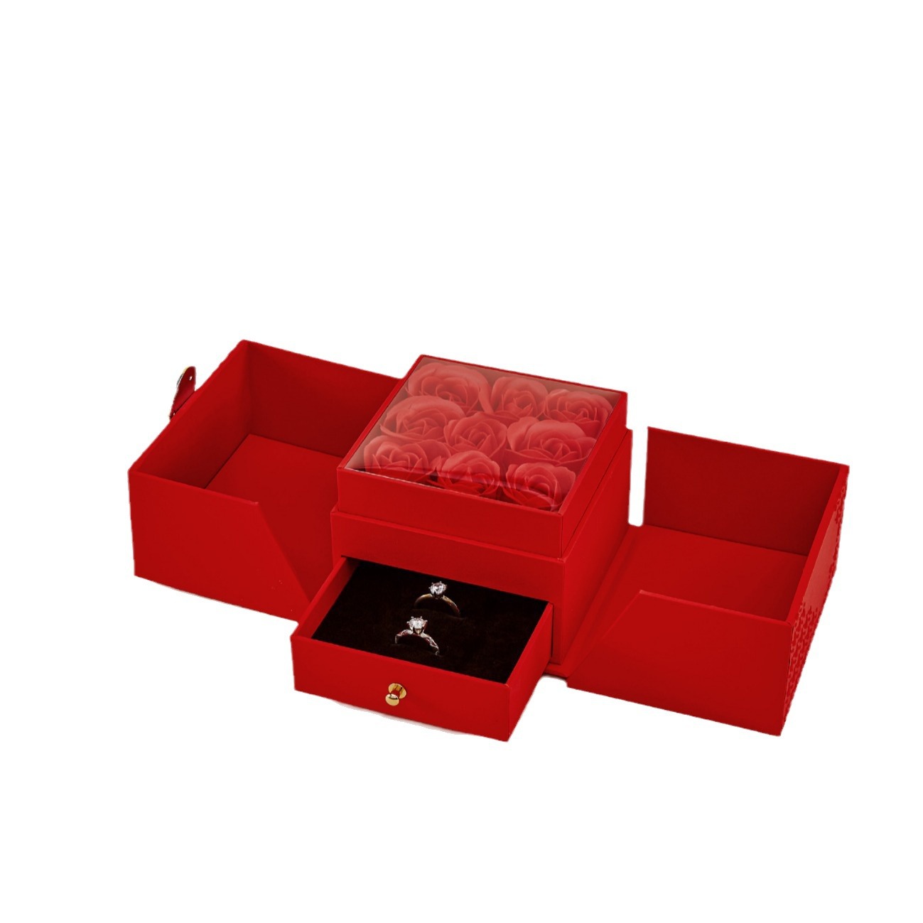 Caja de regalo de rosas 520 del Día de San Valentín chino, caja de regalo cuadrada de doble apertura con nueve flores, par de pendientes, anillo, colgante, pulsera, cadena