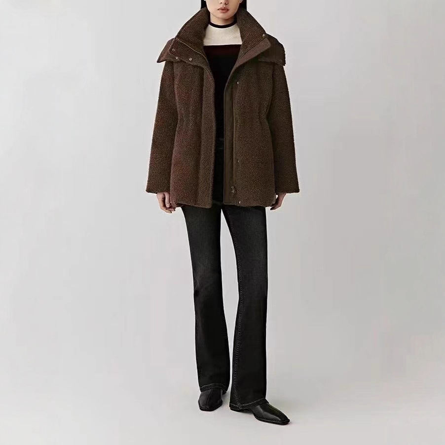 Xiaohejia Autumn and Winter Women's New Wool Knitted Teddy down Jacket White Goose down Waist Hooded Jacket