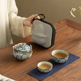 汝窑元青花开片茶壶茶杯旅行茶具套装带包户外露营手抓壶泡茶器