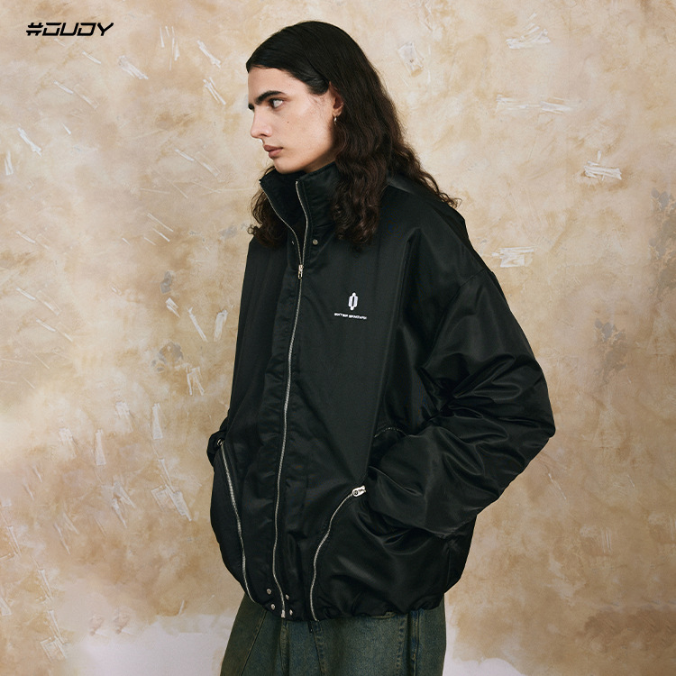 # OVDY invierno Chaqueta de algodón acolchado de los hombres de moda de los hombres de costura multi-cremallera diseño bordado pequeño logo chaqueta de la chaqueta de vuelo