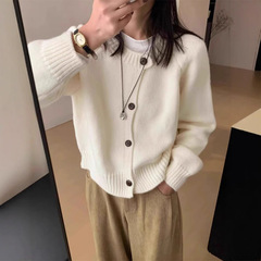 100纯羊毛衫女式长袖短款开衫经典圆领秋冬新款复古风毛衣外套潮