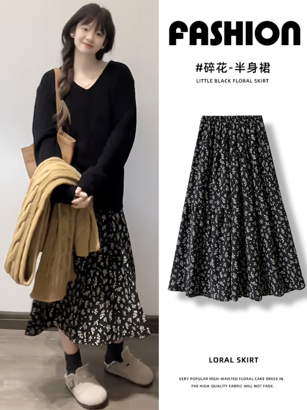 女性のための黒の花柄スカート 2025 春夏レトロフレンチスタイル小さなミドル丈 A ラインスカートはドレープ性が良い|undefined