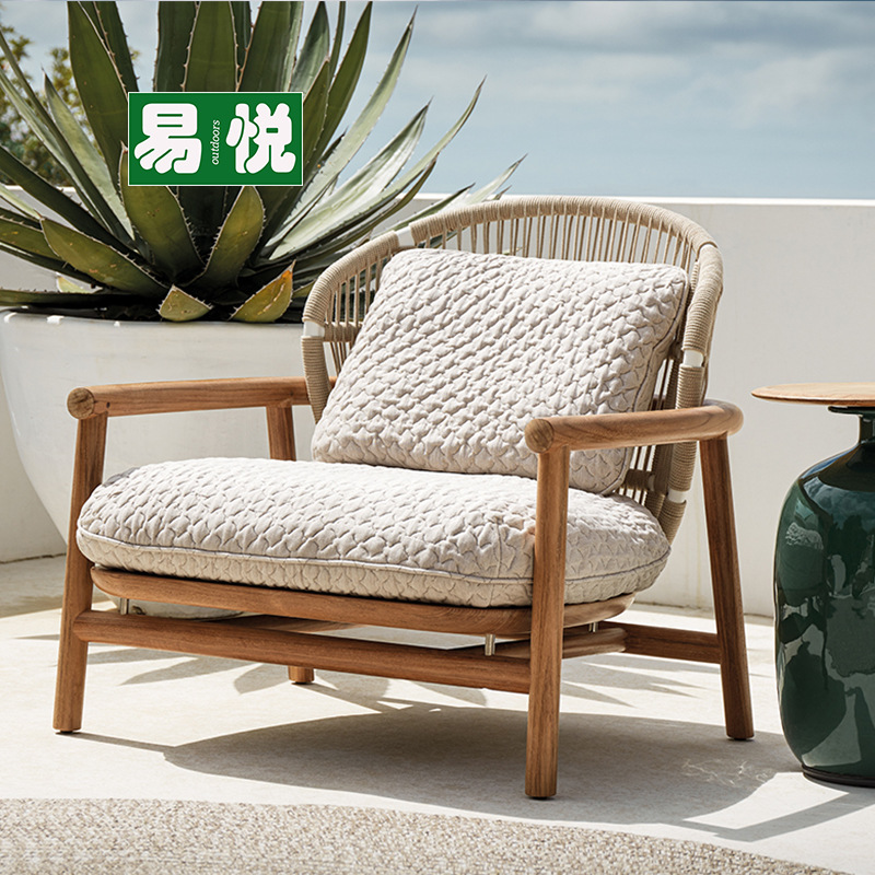 Sofá de tejido de cuerda al aire libre patio villa ocio sofá de teca de caña impermeable jardín terraza combinación de sofá de madera maciza