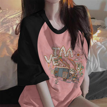 【一件代发】新款韩版设计感小众印花上衣黑拼粉色插肩短袖t恤夏
