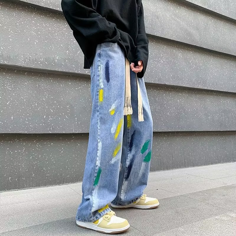 Men's Splatter Jeans 2025 Spring and Autumn Trendy Brand Ins Japanese Retro Bf Straight Graffiti Elastic Waist Cropped Pants Men's Splatter Jeans 2025 Spring and Autumn Trendy Brand Ins Japanese Retro Bf Straight Graffiti Elastic Waist Cropped Pants
