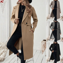 亚马逊独立站热卖欧美秋冬毛呢外套长款翻领修身显瘦女装呢子大衣