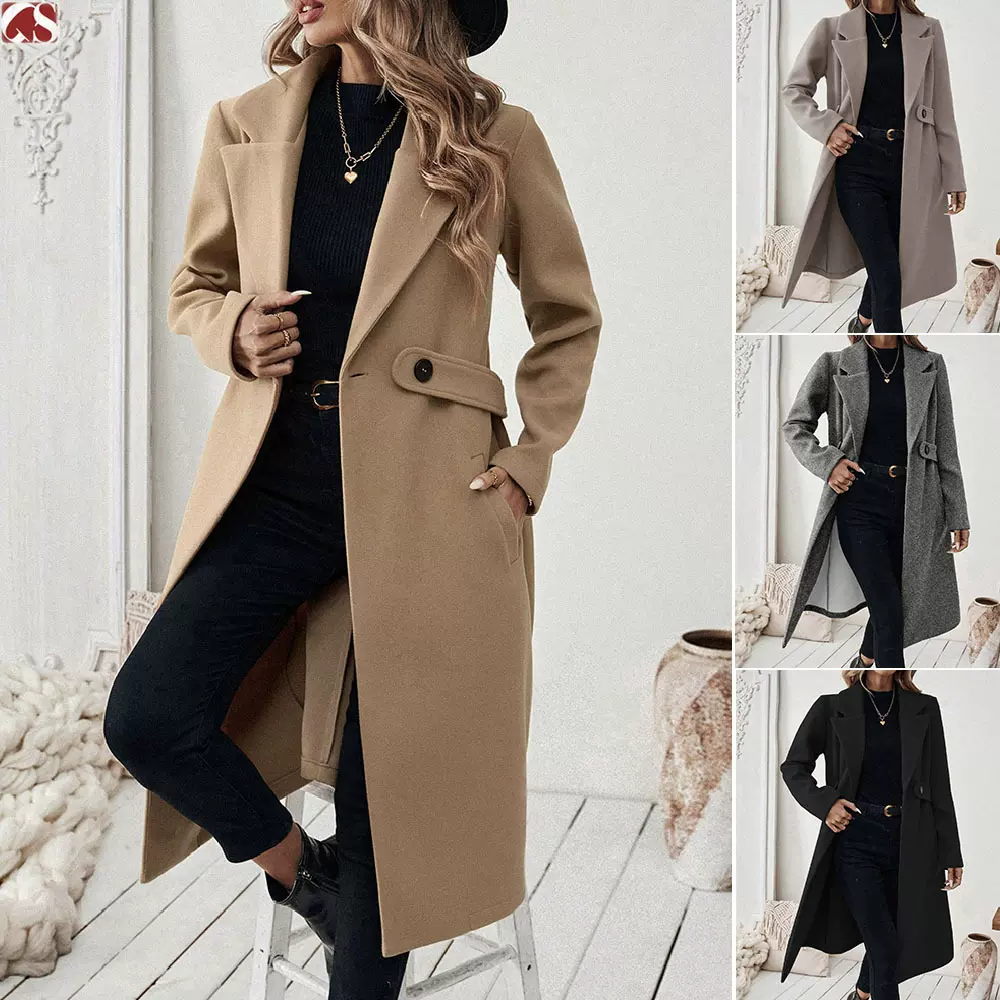 亚马逊独立站热卖欧美秋冬毛呢外套长款翻领修身显瘦女装呢子大衣