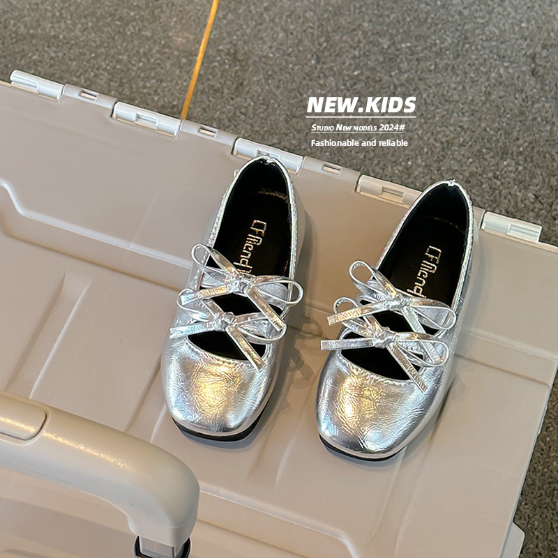 Silver Bow Kidsren's Shoes, Spring & Fall Shallow Mouth Kidsren's Leather Shoes, Girls' Ballet Dance Shoes, Little Girls' Princess Shoes