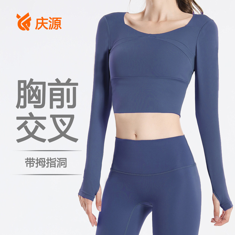 Yoga Clothing Women's Long-sleeved Sports Top Quick-drying Tight-fitting Short Exposed Umbilical Cord Chest Pad Cross T-shirt Running Fitness Clothing Yoga Clothing Women's Long-sleeved Sports Top Quick-drying Tight-fitting Short Exposed Umbilical Cord Chest Pad Cross T-shirt Running Fitness Clothing