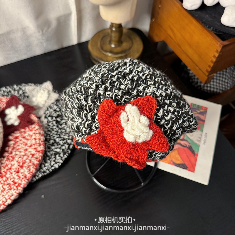 氛围感手工韩系花朵针织贝雷帽女秋冬新款百搭减龄甜美可爱蓓蕾帽|undefined